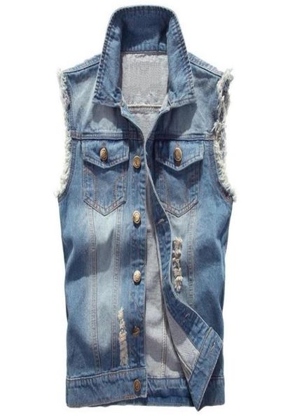 Denim ärmellose Jacke Männer Mode zerrissene Jean -Westen Gilet Casual Jeans Weste Cowboy Hip Hop Streetwear Kleidung 220403885448