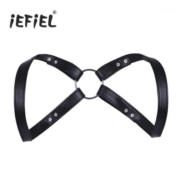 IEFiEL Marca Moda Sexy Homens Lingerie Couro Falso Ajustável Corpo Peito Harness Bondage Traje com Botões de Imprensa 14618236