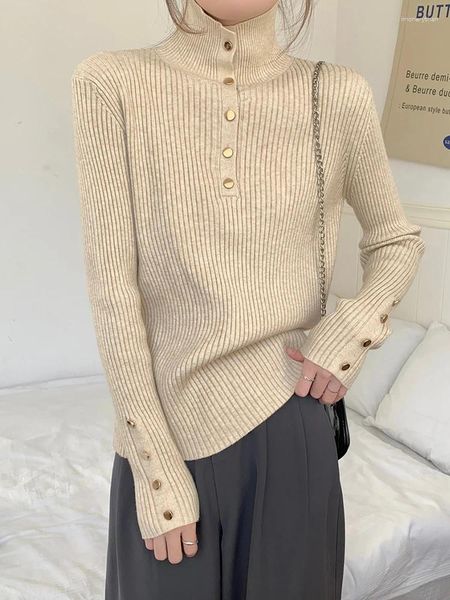 Frauenpullover lässige Hochhalteknopf Sweater Pullover 2023 Herbst Koreanische Modekleidung