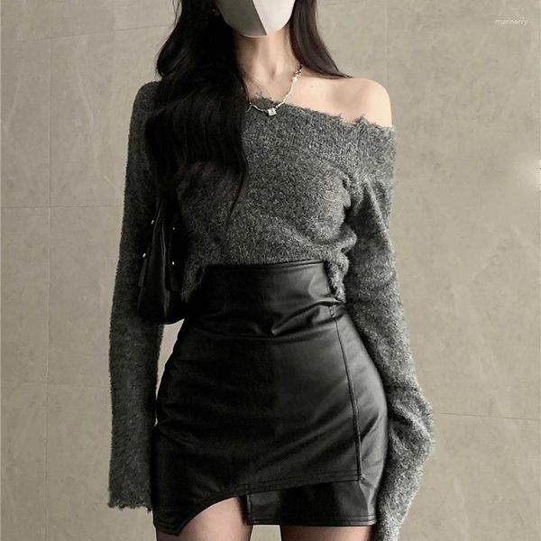 Röcke Leder Rock Frauen Herbst und Winter 2023 hohe Taille Schwarze Hüftpapier A-Line-Anzug im Freien Sex Long
