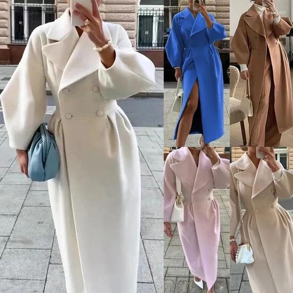 Cappotto da donna in lana da uomo con maniche a lanterna con risvolto Giacche lunghe Solido doppio petto in vita con piega Cappotto di lana Inverno spesso caldo femminile Capispalla elegante