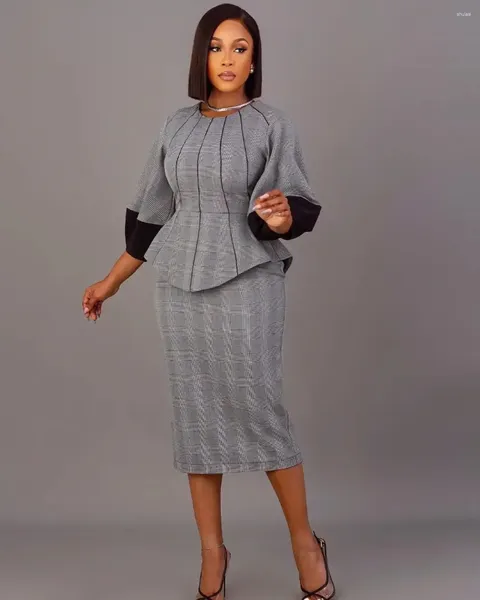 Roupas étnicas Roupas africanas para mulheres 2 peças África manga longa o-pescoço escritório senhora cinza top bodycon saias conjuntos de correspondência