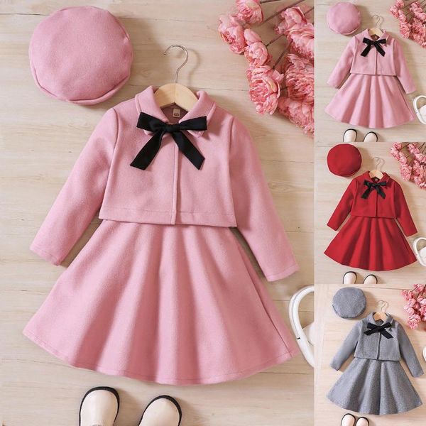 Mädchenkleider Kleinkind Girls Winter Langarm Bowknot Mantel Weste Kleider Hut Outfits süßes Baby Onkel Zeug