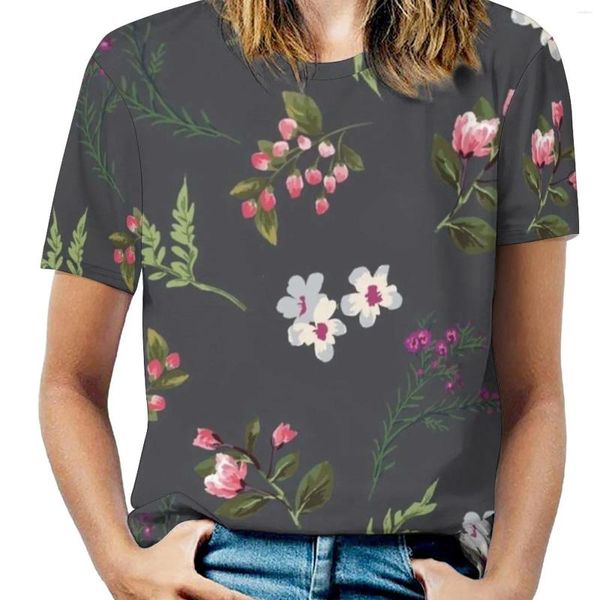 Mulheres Camisetas Vintage Flores Mulheres T-shirt Crewneck Casual Manga Curta Tops Verão Tees Elegante Rosa Preto Fern Romântico