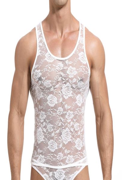 Sexy Spitze Herren Tank Tops Transparent Mesh Singlet Shirts Homosexuell Exotische Home Lounge Schlaf Tragen Unterhemd Sommer Weste7596850