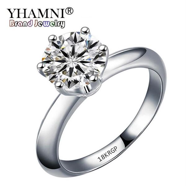 Yhamni carimbou 18krgp anéis de ouro brancos para mulheres 8mm 2 quilates 6 garras cubic zirconia noivado anéis de casamento R168250K