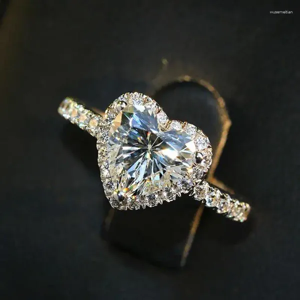 Cluster Ringe Echt 925 Silber Ring für Frauen Schmuck Romantisches Herz 2 Sona Diamant Verlobung Hochzeitsgeschenk