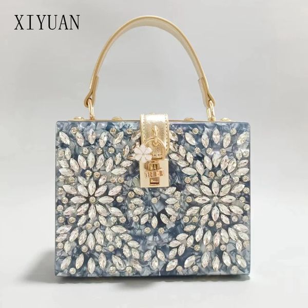 Xiyuan bayan akrilik akşam çantaları düğün için siyah/mavi/pembe debriyaj çantası zincir çantalar ile çiçek günü kavramaları 231220