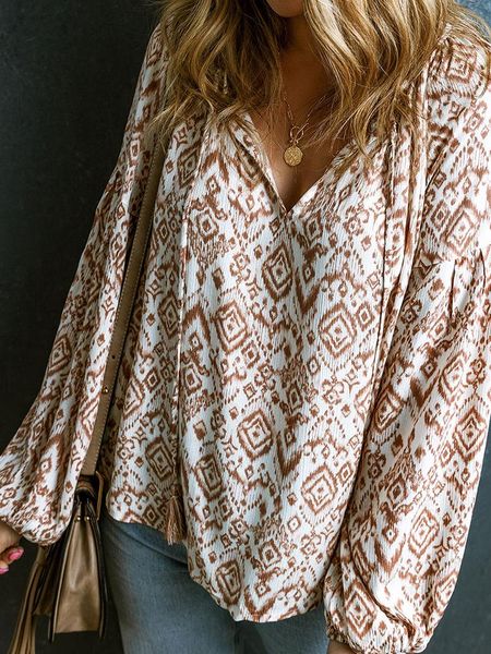 Bloups feminina Camisa de manga comprida de decote em V Moda de moda ocidental Pullover superior