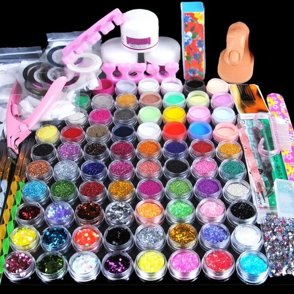 Kits 78 peças acrílico pó manicure kit de arte de unha glitter para unhas diy acrílico strass brilho dicas de unhas de gemas kit de decoração