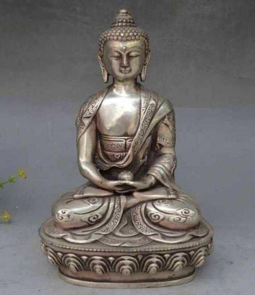 Cina Silver Buddhism Fine Dragon Po Sang Buddha Lotus Seat Sculpture Statue9724430