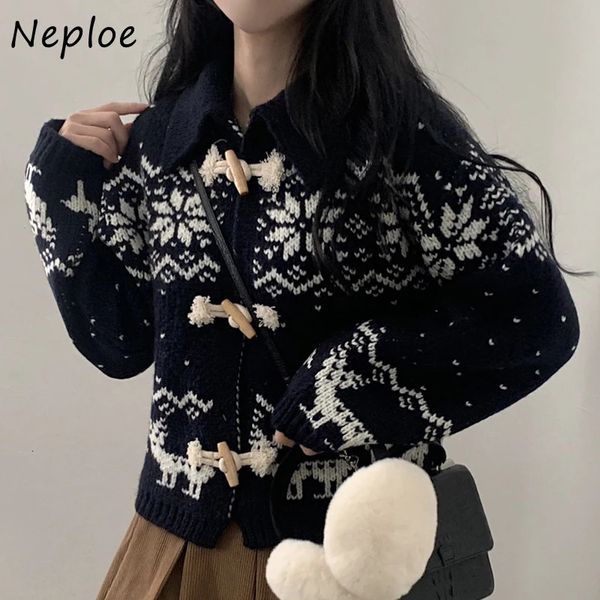 Neploe coreano chique estilo vintage cardigan femme lapela colarinho floco de neve jacquard bullhorn botão design solto camisola de malha 231220