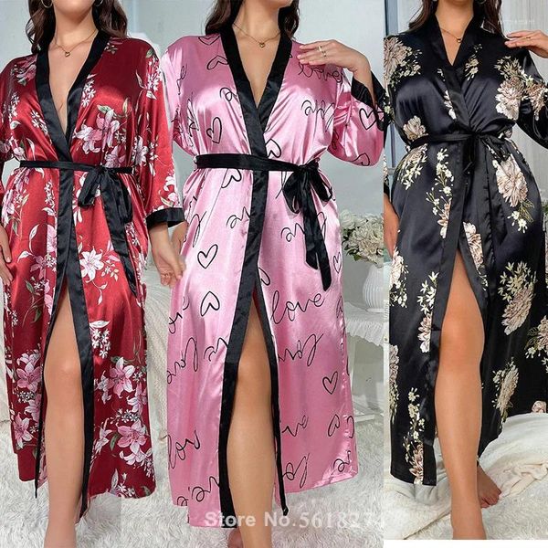 Mulheres sleepwear oversize 3xl 4xl 5xl camisola sexy amor impressão robe mulheres gelo seda casa roupão longo quimono roupão elegante