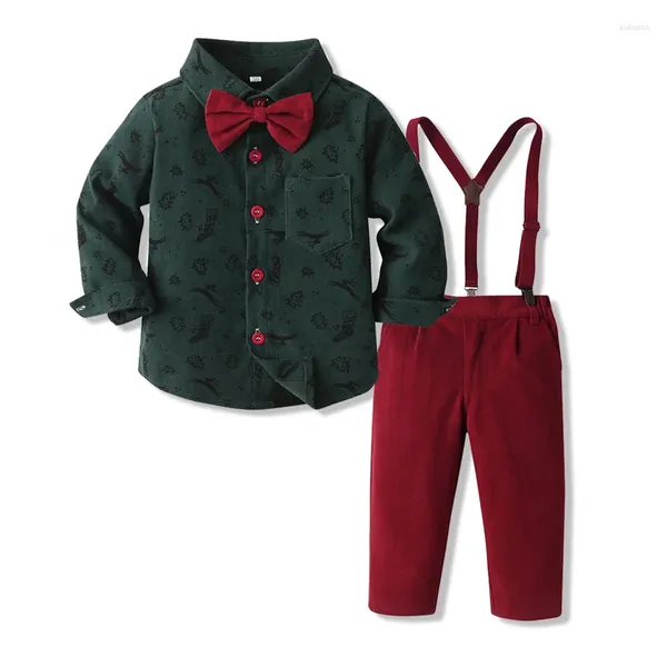 Комплекты одежды: топ и рождественские повседневные рубашки с галстуком-бабочкой и рисунком джентльмена для маленьких мальчиков и девочек, рубашки с подтяжками, штаны, наряд