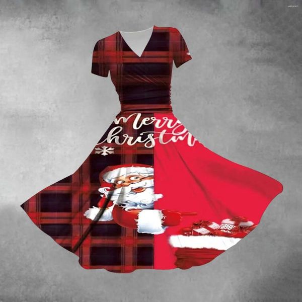 Lässige Kleider Damenmode Weihnachtsmann-Druck Weihnachtskostüme Sexy V-Ausschnitt Wrap Große Schaukelkleid 2023 Roben Vestidos