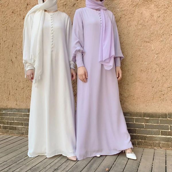 Roupas étnicas Dubai Muçulmano Mulheres Vestido Chiffon Mangas Compridas Breasted Elegante Saia Longa Abaya