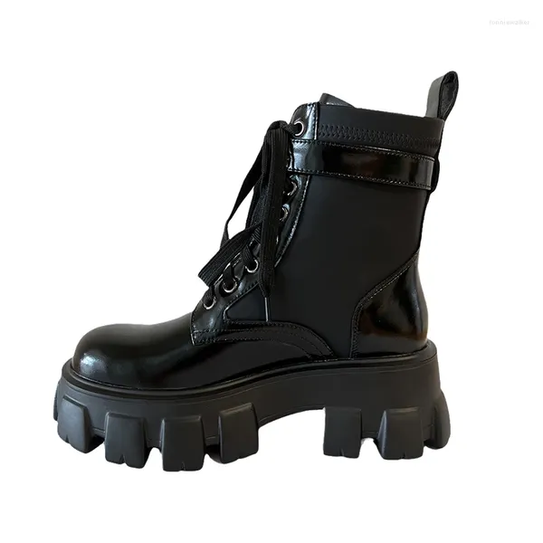 Botas preto patente couro tornozelo frente tiras zapatos para mujeres saltos grossos senhoras bota feminina fivela de cinto sapatos femininos