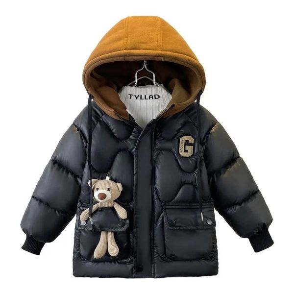 Meninos para baixo jaqueta outerwear bolso engrossado algodão urso sólido com capuz inverno quente bebê crianças casaco 412y 231220