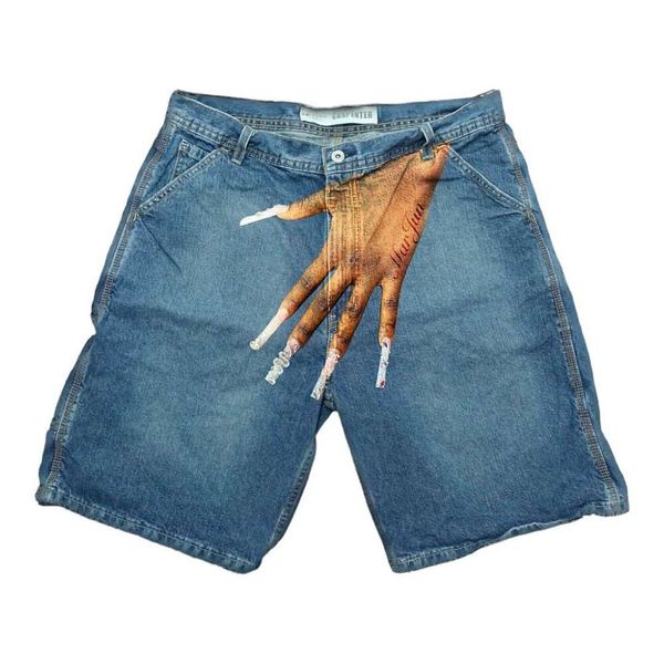 Calça masculina haruku hip hop imprimir retro azul de jeans de jea