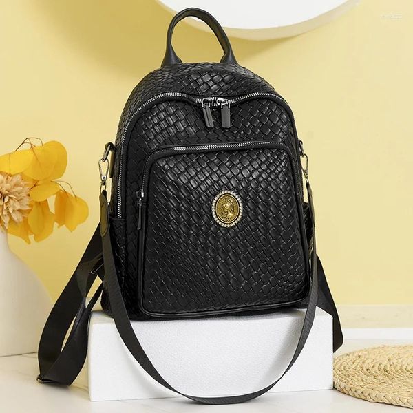 Schultaschen Frauen weicher Leder -Rucksack gewebtes Muster Hochwertiger Freizeitreisen große Kapazität Tasche Teenager Mädchen Schwarz Mochila