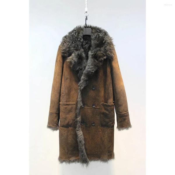 Coletes masculinos casaco de pele espessado inverno quente padrões de polimento de pele de carneiro integrado simples elegante casual lapela de comprimento médio