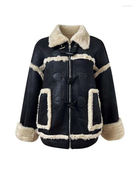 Trench da donna 2024 Giacca in pelle Pelliccia integrata Allentato oversize Autunno Inverno Cappotto spesso Cappotto in lana di agnello Capispalla Patchwork Moto