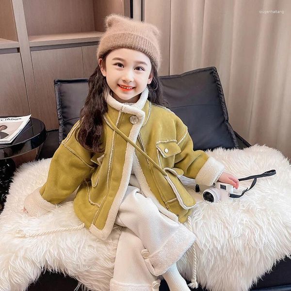 Casaco para baixo de veludo para meninas, casaco de algodão grosso com imitação de camurça para crianças, moda coreana com zíper