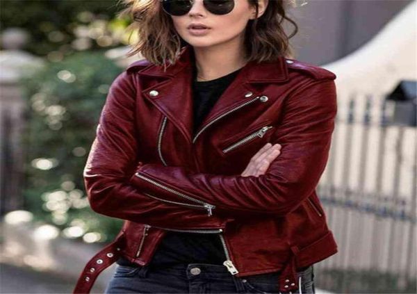 Punk Frauen Coole Faux Leder Jacke Lange Sleeve Zipper Ausgestattet Mantel Herbst Kurze Solide Revers Weibliche Moto Biker8191040