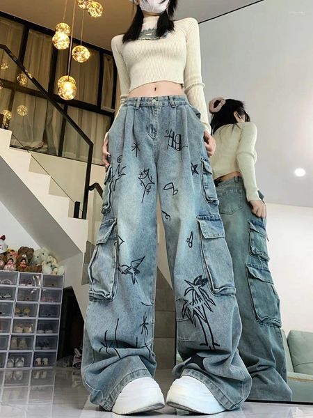 Kadınlar kot pantolon grafiti karikatür basılı kargo y2k baggy 2023 Sonbahar ve kış yüksek bel zayıflama geniş bacak düz pantolon
