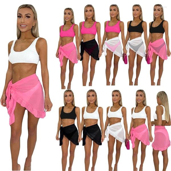 Abiti da lavoro Costume da bagno estivo da spiaggia Set da 3 pezzi Donna Canotta sexy a coste Canotta Mutandine con volant Maglia trasparente con lacci Mini gonne Completo