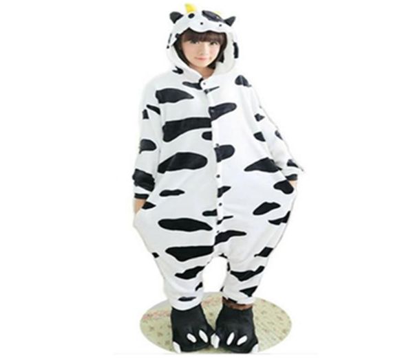 Lã peluda adorável adulto unissex animais adoráveis ​​leite leite de pijamas de pijama do sono cosplay de leite de leite de leite de desenho animado de vaca 93207771