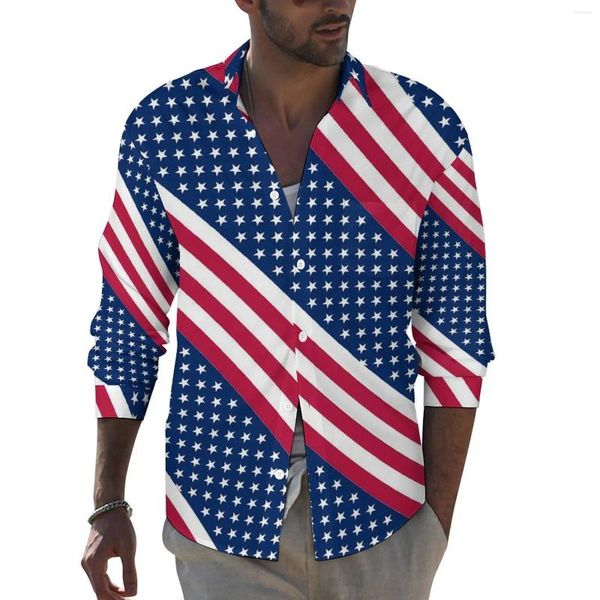 Herren-Freizeithemden, amerikanische Flagge, stilvolles Hemd, Frühling, Sterne und Streifen, Herren-Vintage-Blusen, langärmelig, bedruckt, Y2K-Kleidung, 3XL 4XL