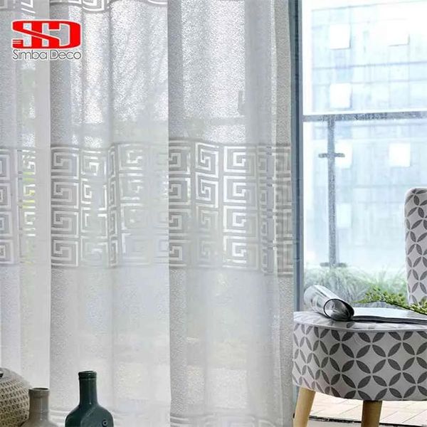 Cortina White Geométrica Janela Tulle Curtain Para sala de estar Voile moderna Curta