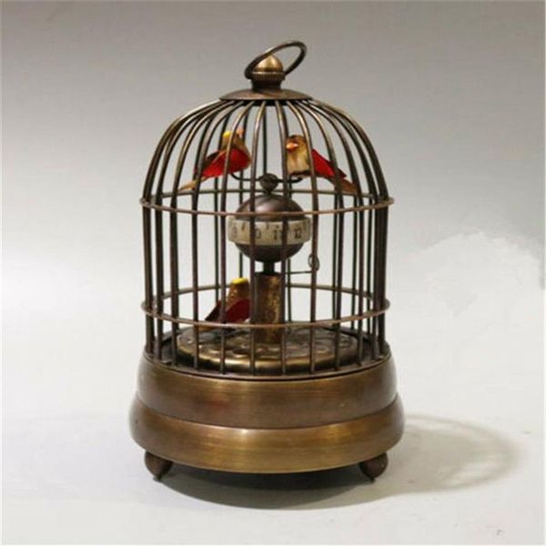 Novo colecionável decorar antigo trabalho manual cobre dois pássaros em gaiola relógio de mesa mecânico294q