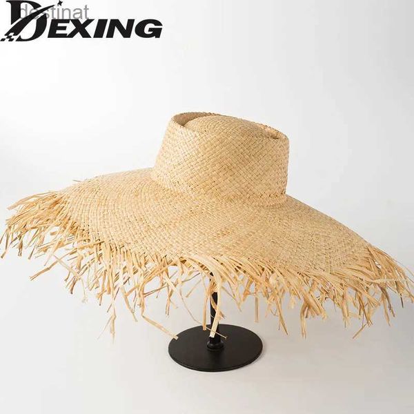 Weitkrempeln Hats Eimer Hats Natural Raffia Summer Wide Rumpf Sonnenhut für Frauen Strohhut Damen UV Schutz Floppy Strandhut231221