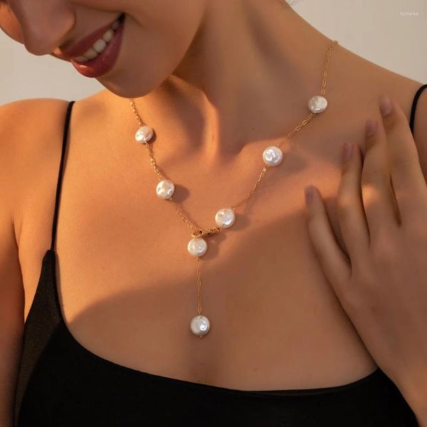 Correntes na moda Imination Pearl Colar Cor de Ouro Plana Rodada Grânulos para Mulheres Ajustável Longa Cadeia Moda Jóias