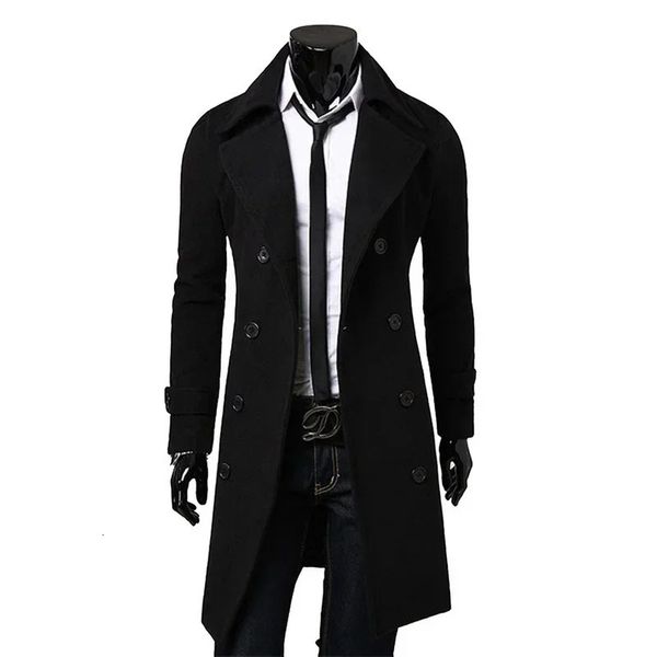 Männer Zweireiher Trenchcoat Herbst Winter Wolle Mischung Hohe Qualität Mode Lässig Slim Fit Einfarbig Männliche Mantel Jacke 231220