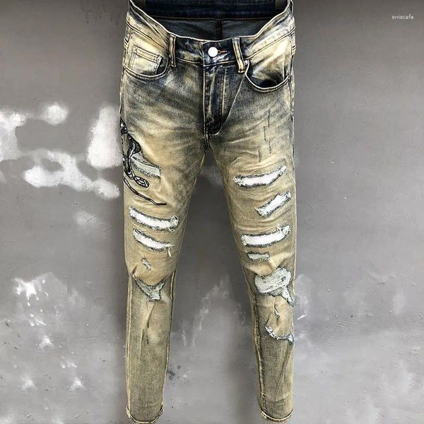 Jeans masculinos 2023 calças de motocicleta streetwear rasgado jean noir homme zíper para homens primavera animal cobra bordado retalhos hombre
