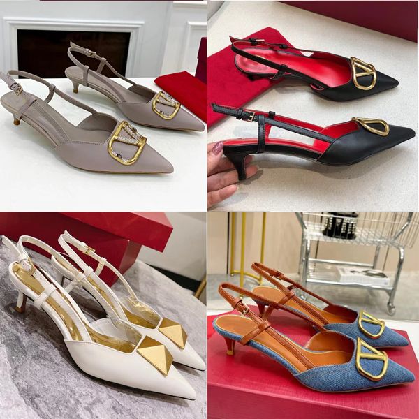 En Kaliteli Tasarımcı Slingbacks Orijinal Deri Sıradan Sandalet Kadın Düşük Topuk Ayak Bilgi Strap Tokalı Perçin Kristal Metal Toka Dekorasyon Parti Elbise Ayakkabı