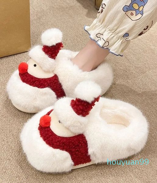 Slippers fofo boneca de neve de natal algodão feminino de inverno de inverno cobertura de tampa do salto grossa de fundo grosso de desenho animado sapatos quentes