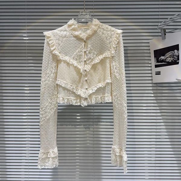 Damenblusen 2023 Herbst Winter Chic Perlenschnalle bestickt gehäkelte Spitze Hemd für Frauen elegante Prominente Shirts Top weibliche Bluse