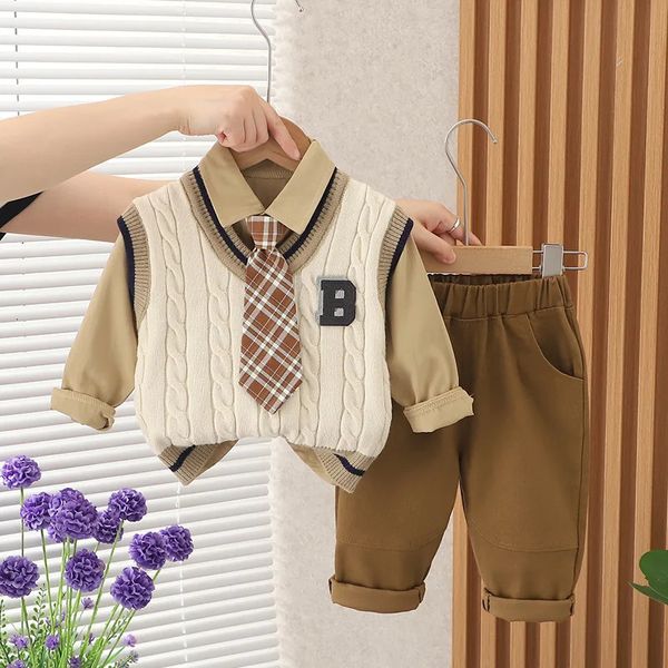 Bebek Erkek Giyim Çocuk Kazak 3pcs Set Çocuklar Hırka Yelek Uzun Kollu Gömlek Kot Pantolon Giysileri Kıyafet 231220