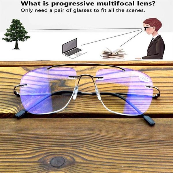 Óculos de sol Piloto Double Bridge Retangle Rimless Progressive Multifocal Reading Glasses 0 75 a 4 Veja perto e FarsungLasses302M