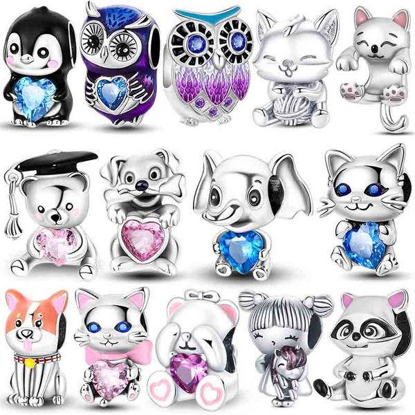 925 Sterling Silver Cute Pet Charms perline adorabili ciondoli per gatto pinguino con gufo viola con gufo viola.