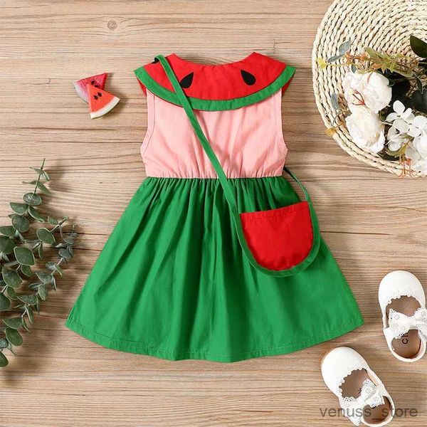 Mädchenkleider Neues Sommer Baby Mädchen Wassermelonen Druckmuster rundes Hals ärmellose Kleid + Crossbody Bag Mädchen süße Spleißen Modekleider