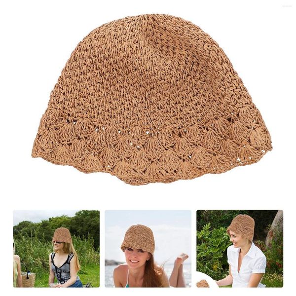 Berretti Cappello di paglia in pizzo Cofano intrecciato Elegante protezione solare Visiera intrecciata a mano Berretto di protezione chic da donna