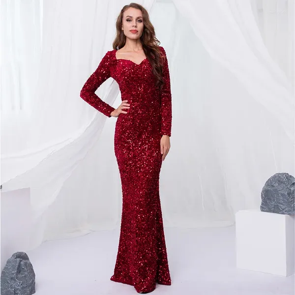 Vestidos casuais festas de lantejoulas maxi vestido mulheres elegantes luxo de luxo de manga longa aniversário noite de corpo bodycon tobe robe 2023