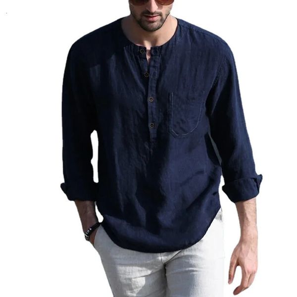 2023 camicia da uomo in lino di cotone Henry Collar manica lunga tasca a tasca per le camicie di grandi dimensioni camicie a molla per maschi a molla 231220 231220