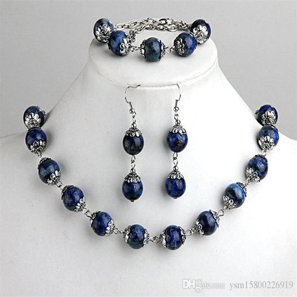 1 Satz modische Lapislazuli-Kugelperlen, Armband, Halskette, Ohrringe, Haken, Schmuckset 0 47 277B