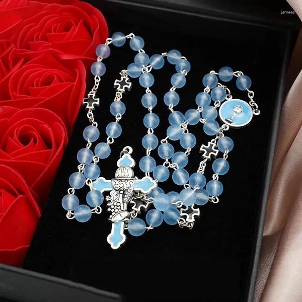 Collane a ciondolo collana di calcedonio azzurro rosario vergine mary crocifisso di gioielli religiosi souvenir regali